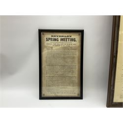 Two 19th century Beverley Race posters - 11th/12th May 1842 with vignette of a horse race 35 x 23cm; and 17th March 1854; each in ebonised frame; together with 'Notice of Poll .... Beverley No.5 Ward' 6th May 1976 78 x 43cm in mahogany stained frame (3)
