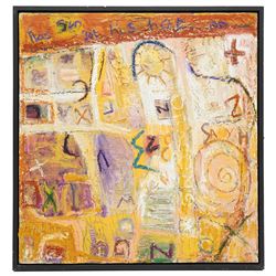 Gillian Ross Kelsey (British 1935-2025): 'The Sun Has Got His Hat On', acrylic on board unsigned 107cm x 102cm