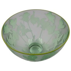 Gillies Jones of Rosedale green glass bowl decorated with flowers with green rim, upon a short clear tapering foot, signed to base, H13cm D15cm