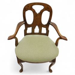 Pair of 1930s Queen Anne design walnut-framed open armchairs with vase-shaped pierced back splat and scroll end arms above a padded serpentine seat, raised on cabriole legs with pad feet