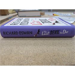 Eight first edition books, comprising signed Bob Mortimer 'And Away' autobiography, signed Richard Coles 'Murder Before Evensong' and six Richard Osman books, including 'The Thursday Murder Club' and 'The Last Devil To Die', with two Richard Osman signed bookplates