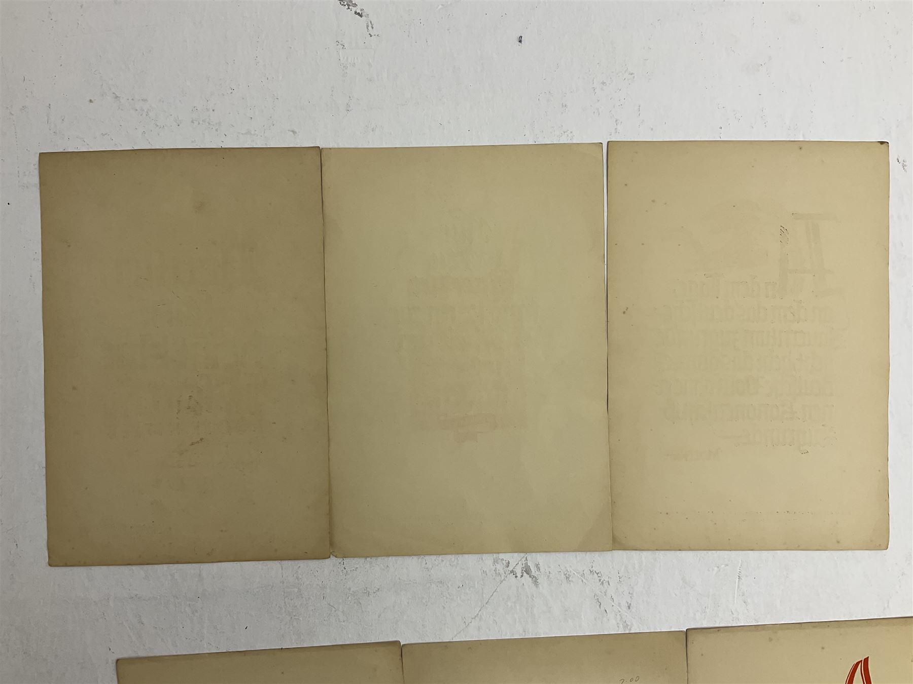 Collection of eight pre-WW2 German Propaganda poster style cards each printed in black and red with sayings by NSDAP leaders and German historical leaders,  featuring quotes by Adolf Hitler, von Goethe, Rosenberg, Magnus Wehner, Moltke, Kolbenheyer etc, each dated 1938 35 x 23.5cm unframed (8)