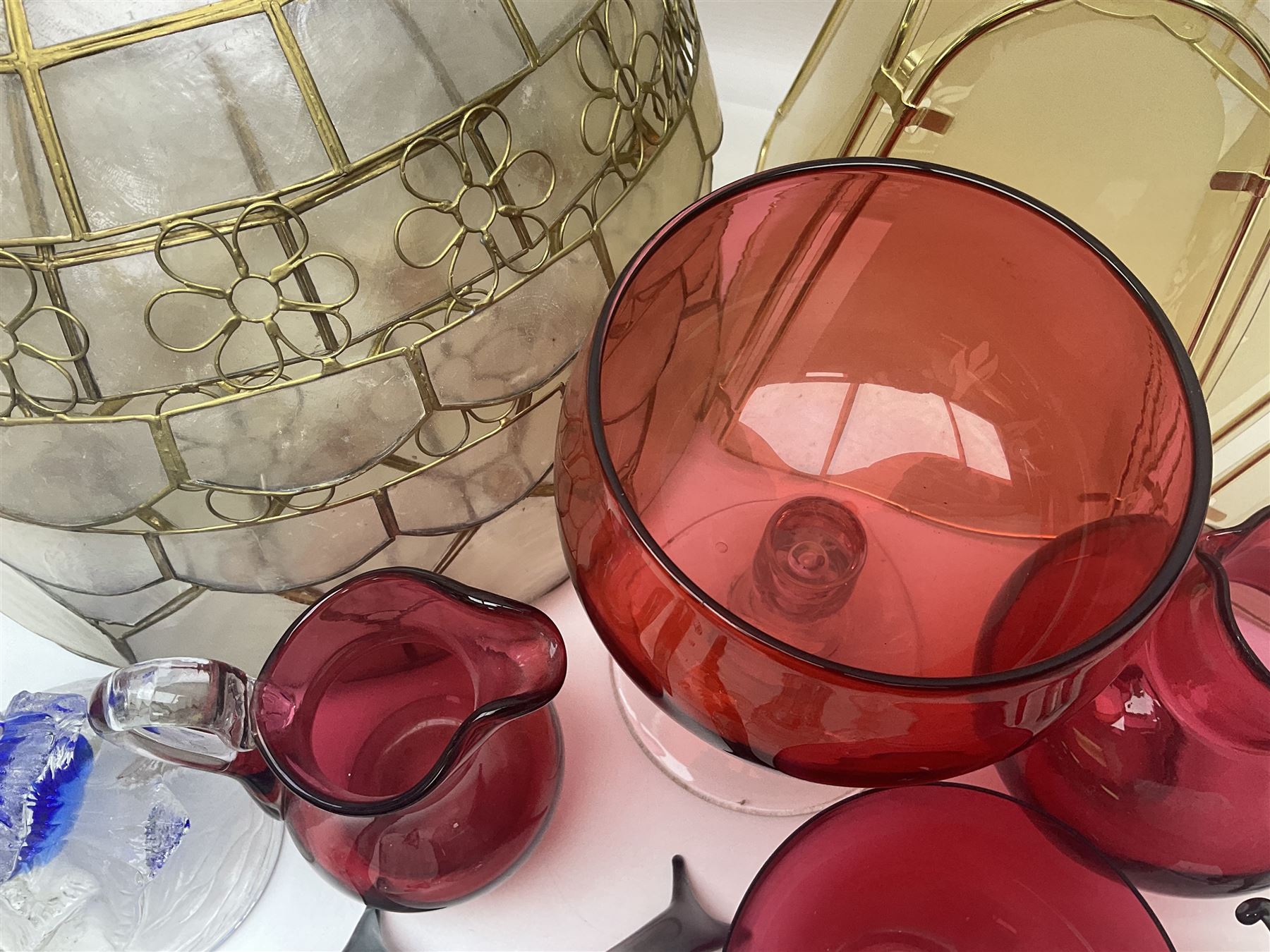 Pair of V Nason & Co murano glass dolphins together with to other glass figures and cranberry glass and lampshades  