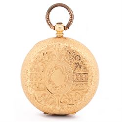 19th / early 20th century 18ct gold open face key wound pocket watch, gilt dial with Roman numeral hour markers, engraved foliate case with empty cartouche, the inner dust cover engraved H. Samuel, Manchester, stamped K18 with Helvetia hallmark