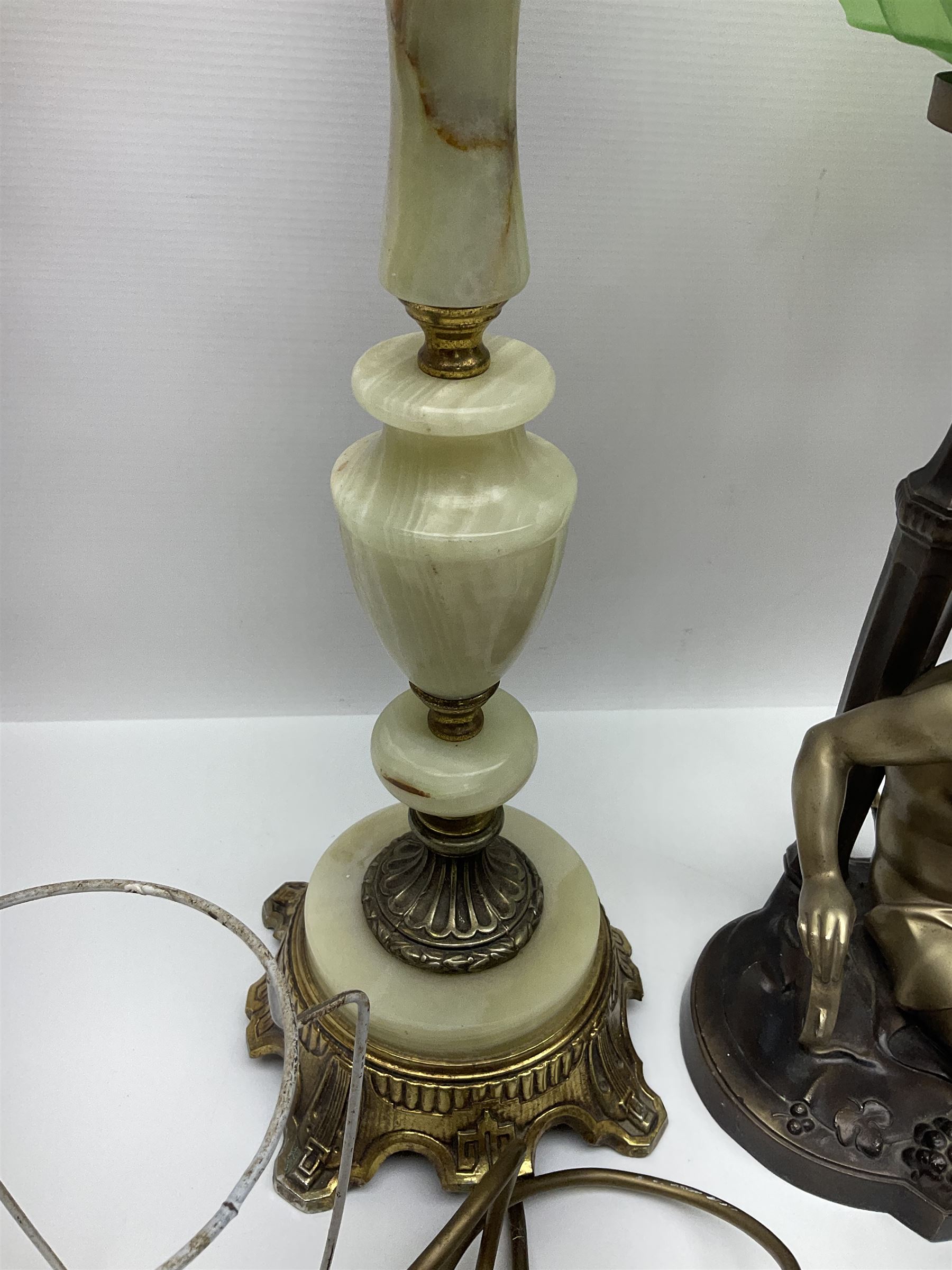Art Deco style bronzed and gilded spelter figural table lamp with green Uranium glass shade; H48cm, another table lamp; and a bisque group