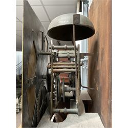 William Coulton of York - 18th century 30-hour ebonised longcase clock, with a flat pediment, broad cornice and plain frieze beneath,, square hood door with attached pillars, long break arch trunk door and rectangular plinth,  matted dial centre with curved date aperture and cast spandrels, chapter ring with Roman numerals, five minute Arabic's, minute and inner quarter hour tracks, count wheel striking movement striking the hours on a bell. With pendulum and weight.