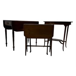 Early 20th century oval mahogany two tier occasional table (76cm x 51cm, H71cm); George III mahogany drop-leaf Pembroke table (48cm x 82cm, H71cm); Edwardian mahogany drop-leaf Sutherland table (W60cm)