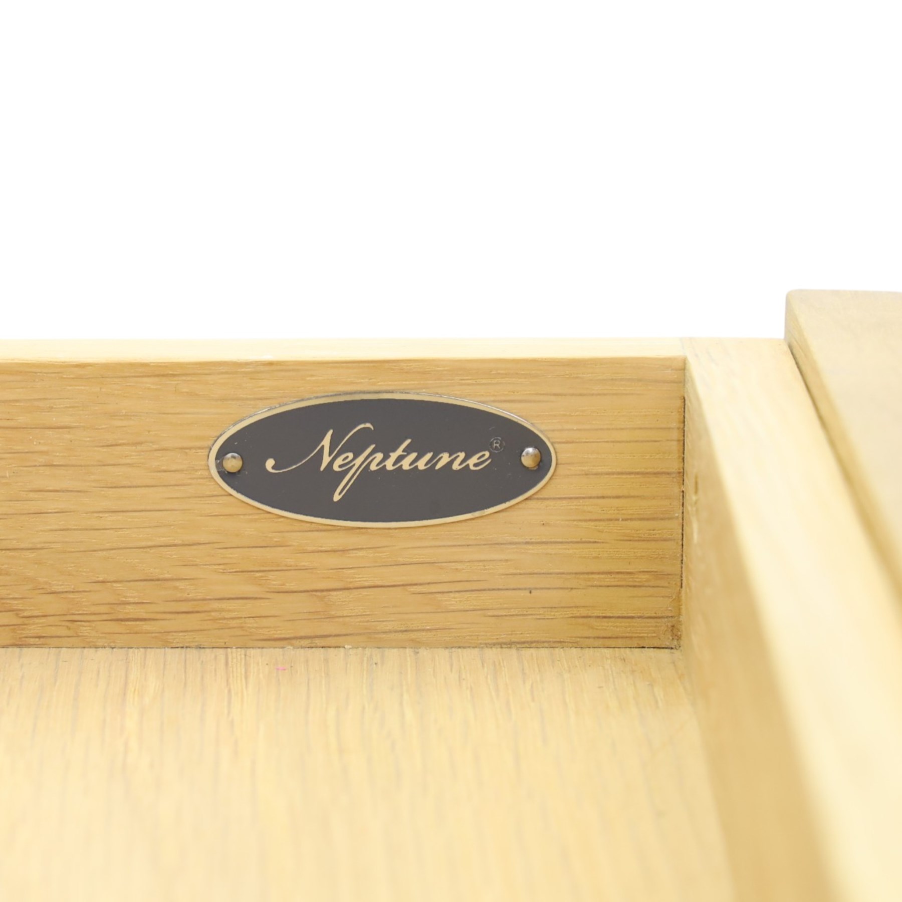 Neptune - 'Edinburgh' limed oak console table, with two
soft close drawers raised on ring-turned column supports,
with a pot shelf raised on square feet