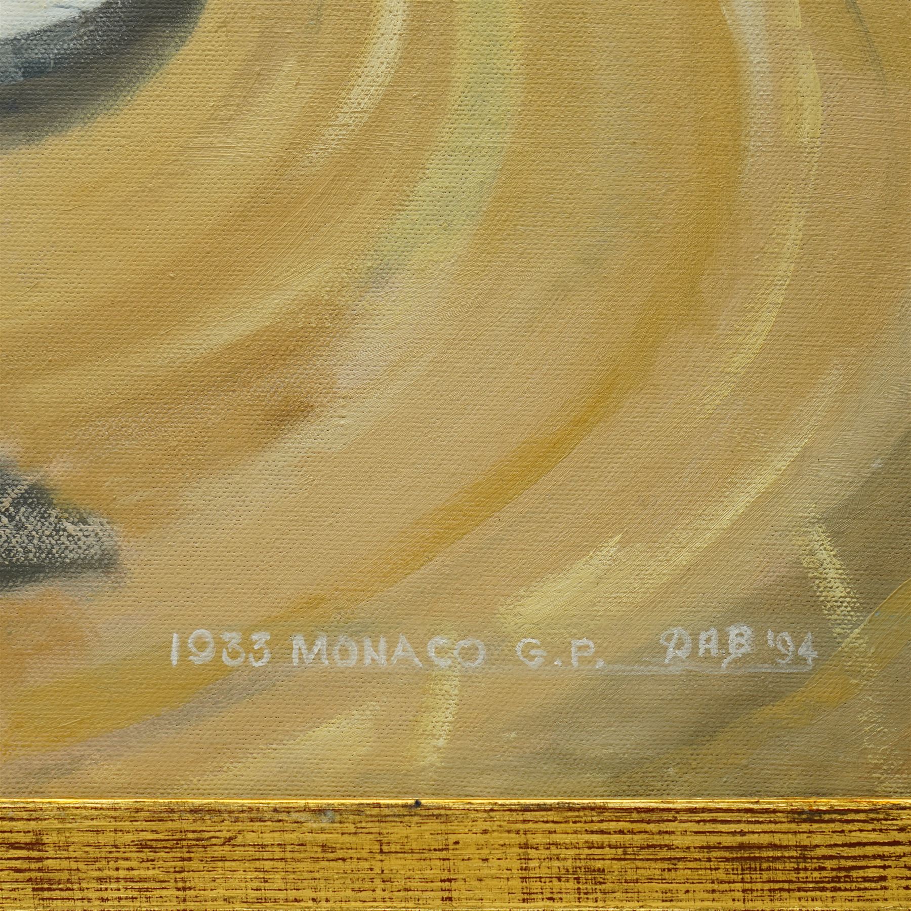 Derek Anthony Brooks (British 20th century): Monaco Grand Prix 1933 Featuring Alfa Romeos and Boat-Tail Bugatti's, oil on canvas signed and dated '94, inscribed verso 75cm x 100cm
Notes: verso reads 'A Famous Race - Varzi (Bugatti) and Nuvolari (Alfa Romeo) raced together for 99 of the 100 laps, swapping the lead continuously until Nuvolari's car blew up (piston) on the last lap. All other cars were lapped except the Alfa of Borzacchini who finished 12 secs behind Varzi.' 