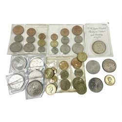 King George VI 1937 crown, three Queen Elizabeth II 1953 nine coin sets in blister packs, five old style two pound coins and eight five pound coins 