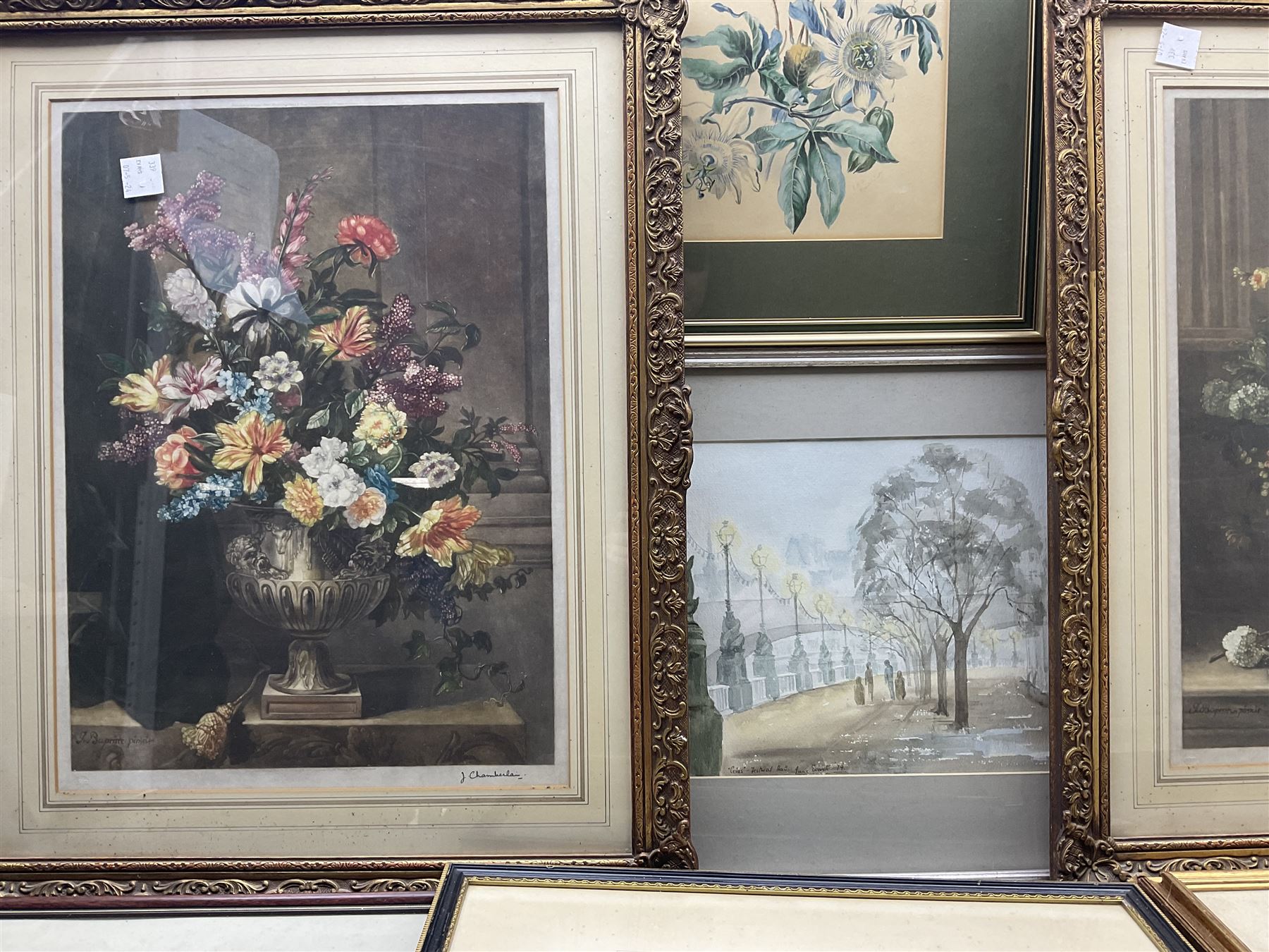 Botanical watercolours and other original works to include June Everett, pair mezzotints, hunting prints etc 