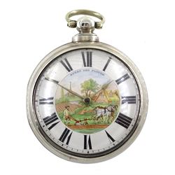 William IV silver pair cased verge fusee pocket watch by J C Heselton, Beverley, No. 1082, pierced and engraved balance cock decorated with a mask, enamel polychrome 'Speed the Plough' dial with Roman numerals, bull's eye glass, case by Benjamin Norton, London 1831