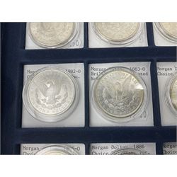 Twelve United States of America silver Morgan dollar coins, dated 1878 S, 1879 S, 1880 S, 1881 S, 1882 O, 1883 O, 1884 O, 1884 CC, 1885 O, 1886, 1887 and 1888