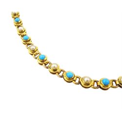 Early 20th century gold split pearl and turquoise necklace, stamped 15ct, in velvet and silk lined box by London & Ryder, New Bond Street