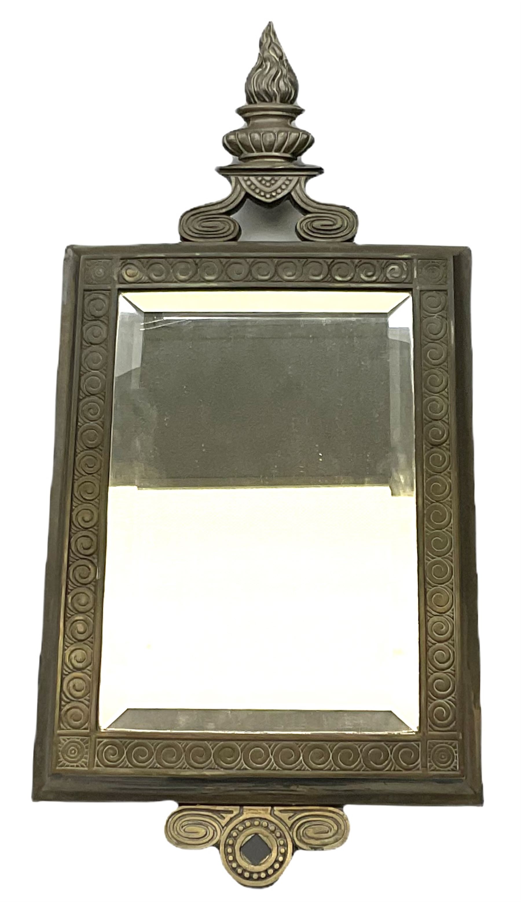 Victorian mirror, the rectangular bevelled glass plate within a bronze frame surmounted by a flaming urn representing undying memory, with Victorian registration lozenge verso, H65cm L29.5cm