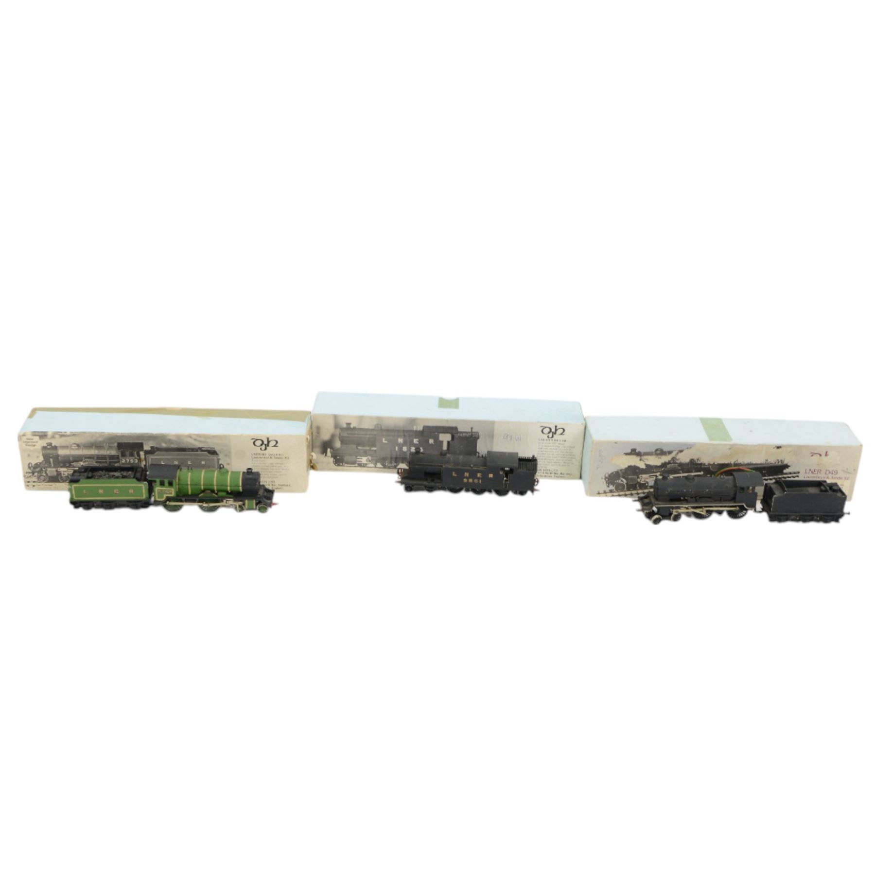 Three DJH Model Loco 00 gauge kit built locomotives, comprising no. K14 4-6-2 A8 class locomotive no. 9861, K1 4-4-0 LNER/BR D49 class 'Morpeth' locomotive and tender no. 2768 and D49 class 4-4-0 locomotive and tender unnumbered, all boxed 