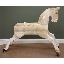  Partially restored striped pine rocking horse for completion and refinishing, L126cm  