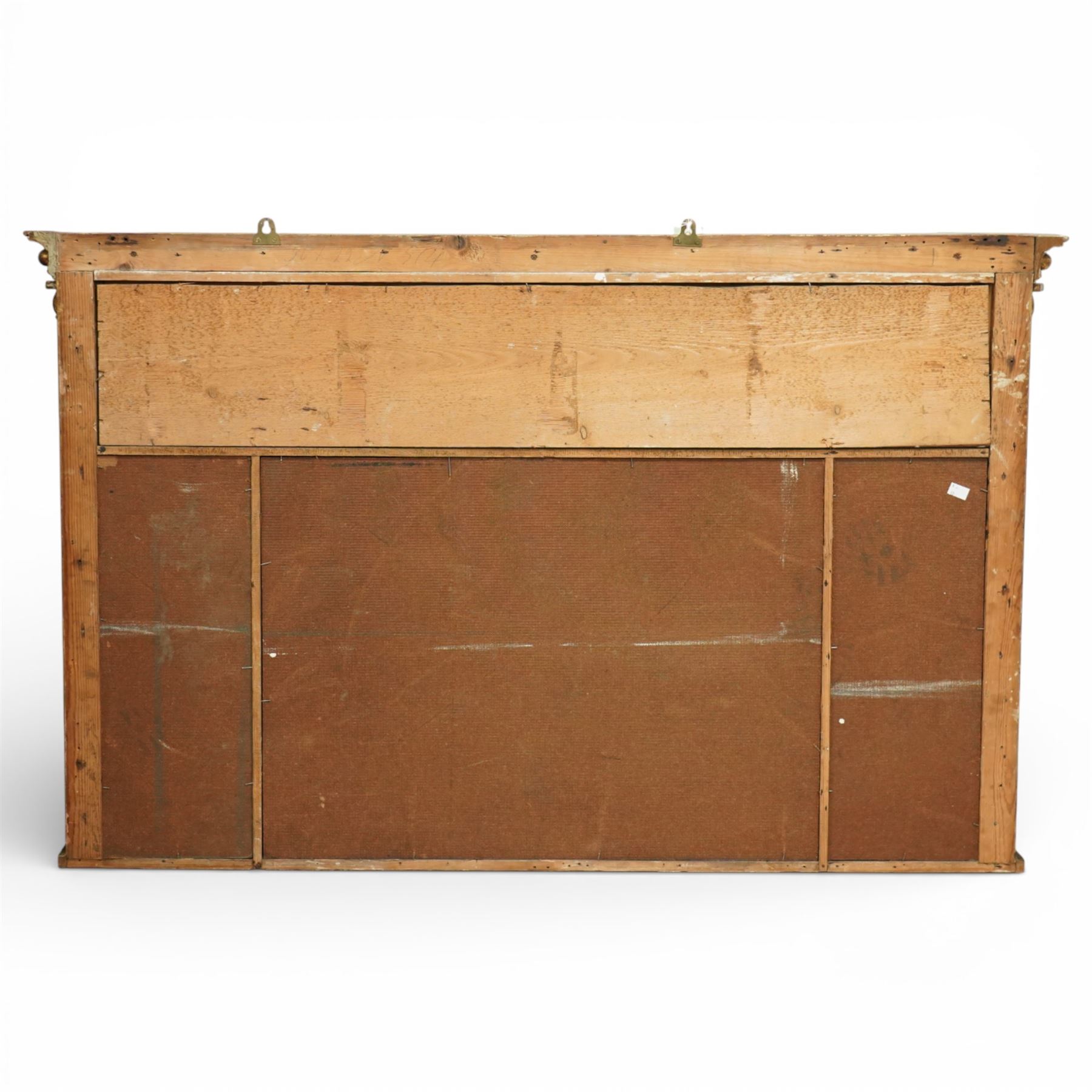 Early 20th-century giltwood tripartite overmantel mirror, rectangular frame with ball decorated cornice above frieze decorated with a classical allegorical depiction of the Triumph of Cybele in a processional chariot drawn by lions, above a beaded moulding and rectangular mirror plate, flanked by plain and reeded pilasters with Corinthian capitals, shafts decorated with pendant garlands  