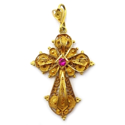 Gold filligree cross pendant set with a ruby stamped 18ct, 4cm