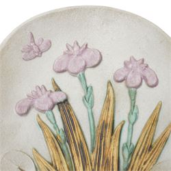 Bernard Rooke (1938-) - Studio pottery shallow dish with a raised pattern of lily pads, iris, frogs and dragon fly W31cm with Bernard Rooke paper label from The Mill Gallery, Swilland, Ipswich and incised 'B R' to the reverse