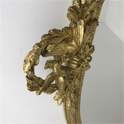 Victorian gilt wood and gesso framed overmantel mirror, the pediment with two birds in wreath with foliage, scroll foliate brackets, 129cm x 146cm