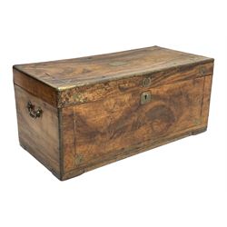 19th century brass bound camphor wood campaign chest, with decorative brass inlays and carrying handles, W91cm, H41cm, D46cm