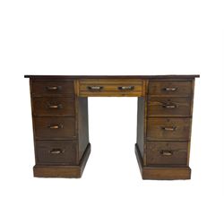 Early 20th century mahogany twin pedestal desk, fitted with nine drawers, inset writing surface