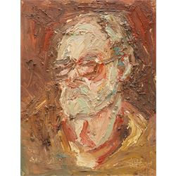 Barry De More (Yorkshire 1948-2023): 'Self Portrait with Glasses', oil and impasto on board signed and titled, inscribed and dated 2010 verso 35cm x 27cm
Notes: Acclaimed as one of the North's greatest expressionist artists, Barry De More (1948-2023) used a heavy impasto style to transfer his love of Yorkshire landscapes, townscapes and people to canvas. His work sits comfortably in the company of work by Kossoff and Auerbach, selling to collectors in the UK and overseas. De More's work can be found in the permanent collection of work by Northern Artists at Dean Clough, one of the UK's largest contemporary art galleries.