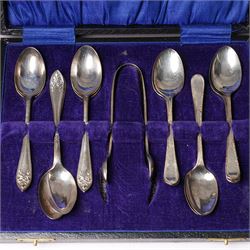 Set of  of six silver coffee spoons and tongs with bright cut decoration Sheffield 1908 Maker Cooper Bros. and another set of six coffee spoons with decorative terminals