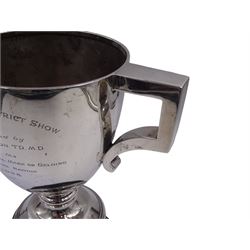 1920s silver trophy cup, with angular twin handles, upon knopped stem with circular spreading foot, the body with presentation engraving 'Burniston & District Show, presented by S Fox Linton TD MD, for the Best Agricultural Mare or Gelding, 10 miles radius, 1928' and engraved with winners verso, hallmarked Charles Boyton & Son 1921, upon black plastic base, including base 25cm