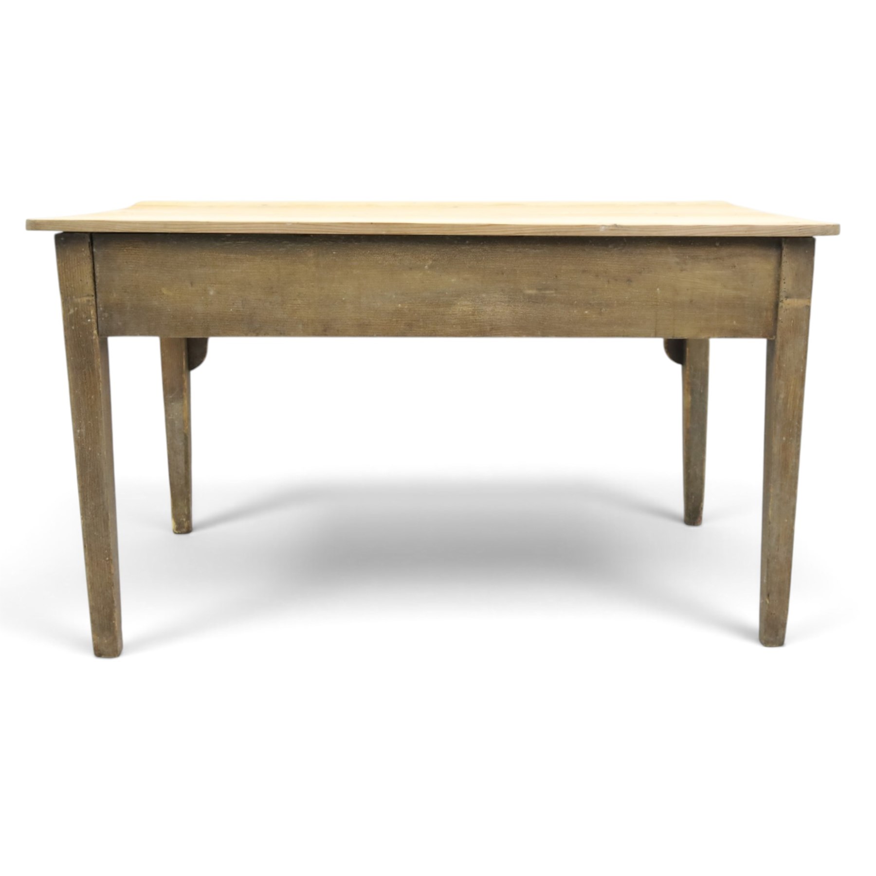 19th century stripped and painted rustic pine table, rectangular triple plank top fitted with two drawers, raised on square tapering supports