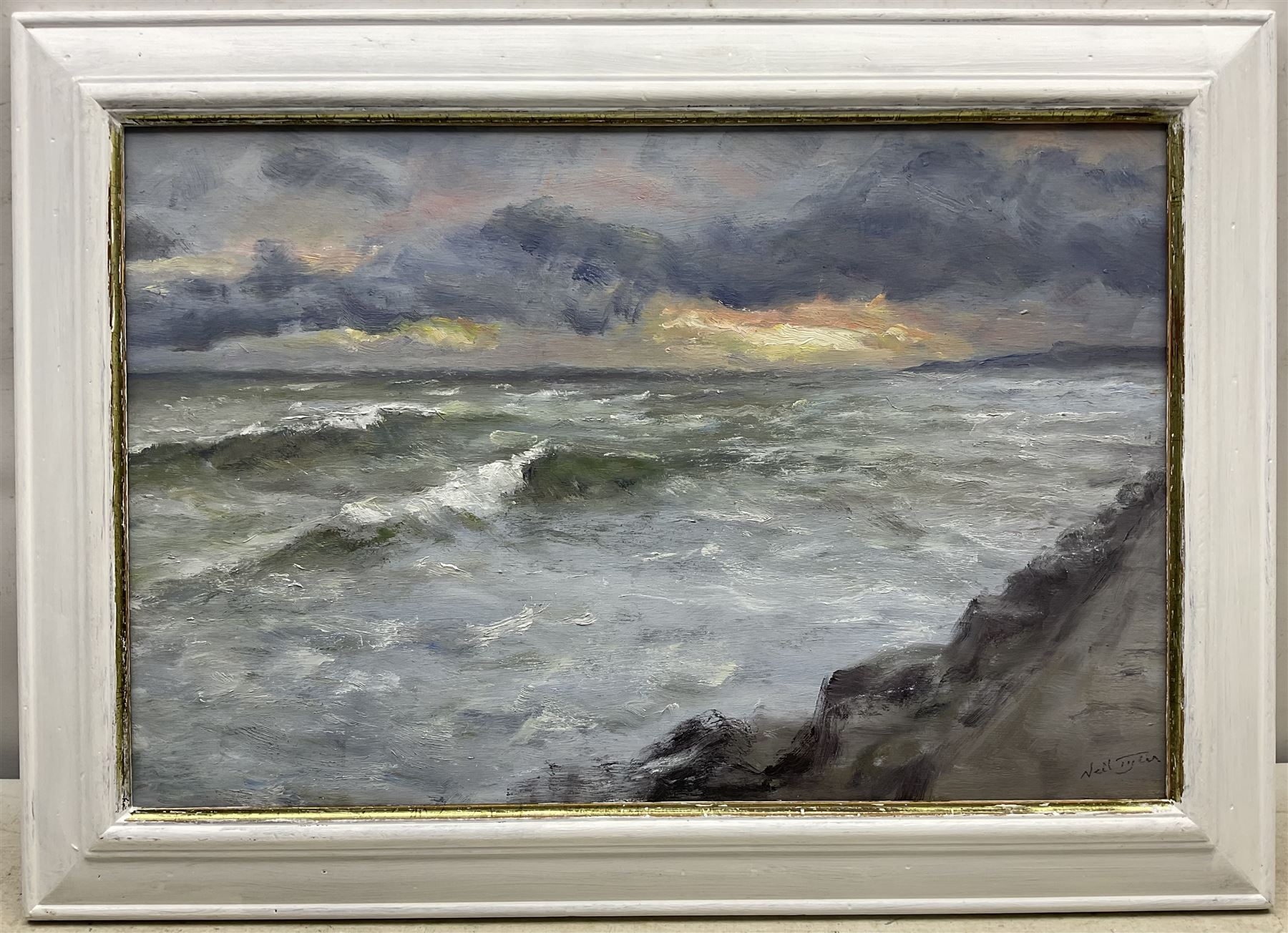 Neil Tyler (British 1945-): 'Dawn - South Bay' Scarborough, oil on board signed, titled verso 35.5cm x 54.5cm