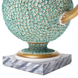 Pair of 19th century Grainger Lee & Co Worcester urns, c1820s-1830s, hand-painted with views of 'Near London Bridge' and 'Brighton Pavilion' upon a ground of encrusted forget-me-not decoration, the beaded rim with twin naturalistically formed handles, leading into vines moulded with strawberries in high relief, the pedestal painted to imitate marble, painted marks to base, H20cm