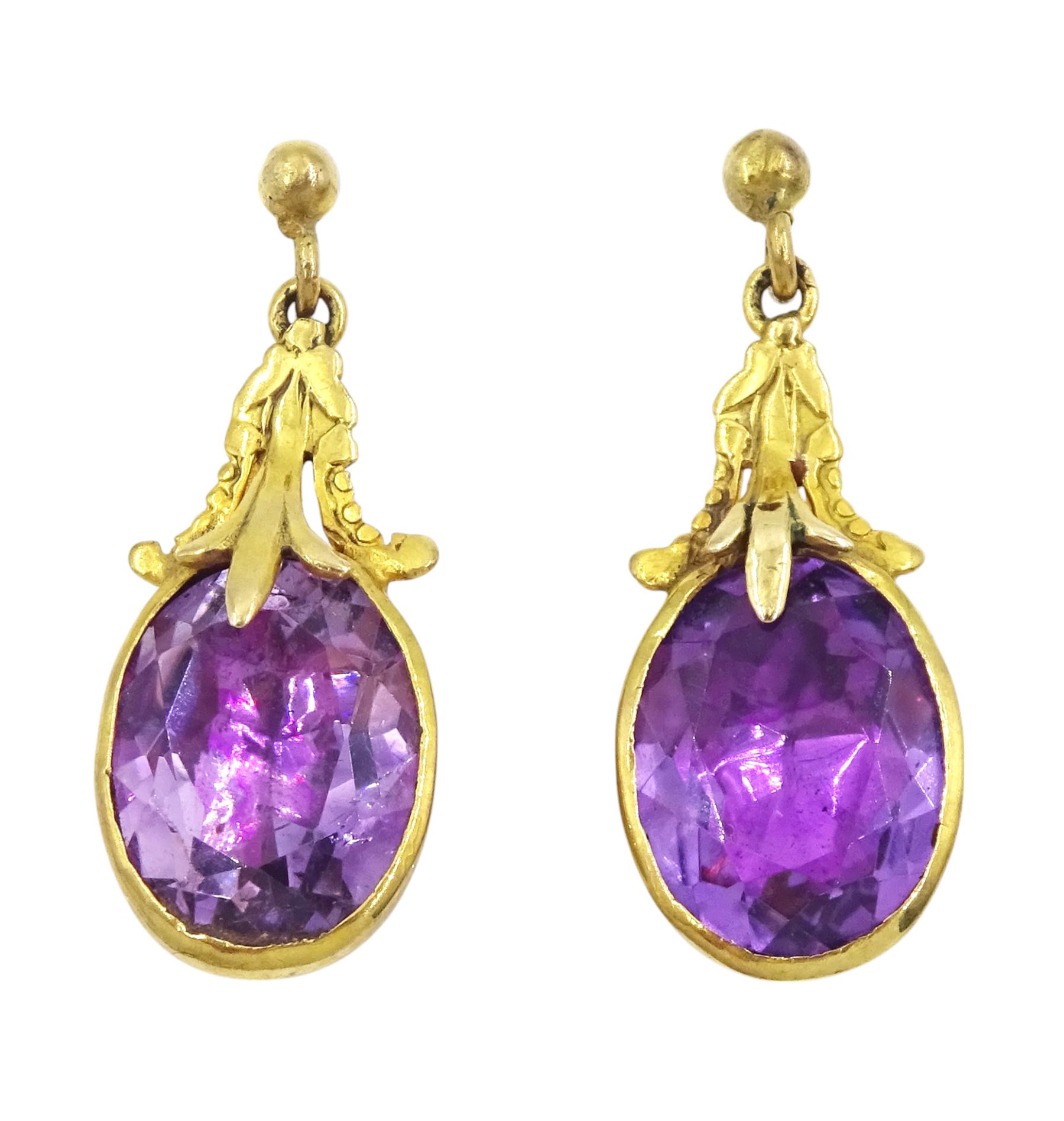 Pair of 9ct gold foil backed oval cut amethyst pendant stud earrings