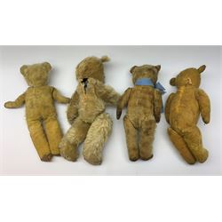 Four English teddy bears 1930s-1950s, all well loved for spares or repair, including a Chiltern flat-face bear, swivel jointed head with glass eyes and vertically stitched nose and mouth H16
