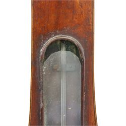 Three wheel barometers, a mother of pearl inlaid mahogany case, swan neck pediment, thermometer and circular dial, H 92cm, the second Sheraton Revival style with floral inlay, swan neck pediment, thermometer and circular dial, H 102cm, the third Sheraton Revival style, H 95cm (3)