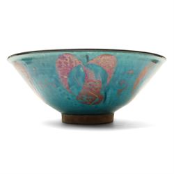 Large Crowan Pottery bread crock, H30cm; together with a studio pottery oval shallow dish, D52cm, and an Alan Caiger-Smith bowl, D42cm, variously marked and inscribed (3)