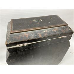  Late 19th / early 20th century Japanese lacquered table top cabinet, heavily decorated with mother of pearl inlay depicting blossoming branches, flowers and birds, the two hinged doors between longer drawers opening to reveal interior fitted with four short drawers, with lift up hinged canted lid, H28cm D9.5cm W23cm, together with mother of pearl inlaid miniature folding screen, dish decorated with walking figures with crimped edge, boxes decorated with flowers, birds and gilt etc