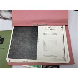 AVO valve tester, British Patent 480752 by the Automatic Coil Winder & Electrical Equipment Co Ltd, together with 16-type plug board with connecting lead, AVO wide range signal generator with original instruction manural and AVO multimeters mk2 and mk4 etc