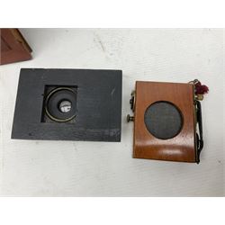 Sands Hunter & Co Ltd folding 1/4 plate camera in mahogany and lacquered brass, with two lenses and leather case