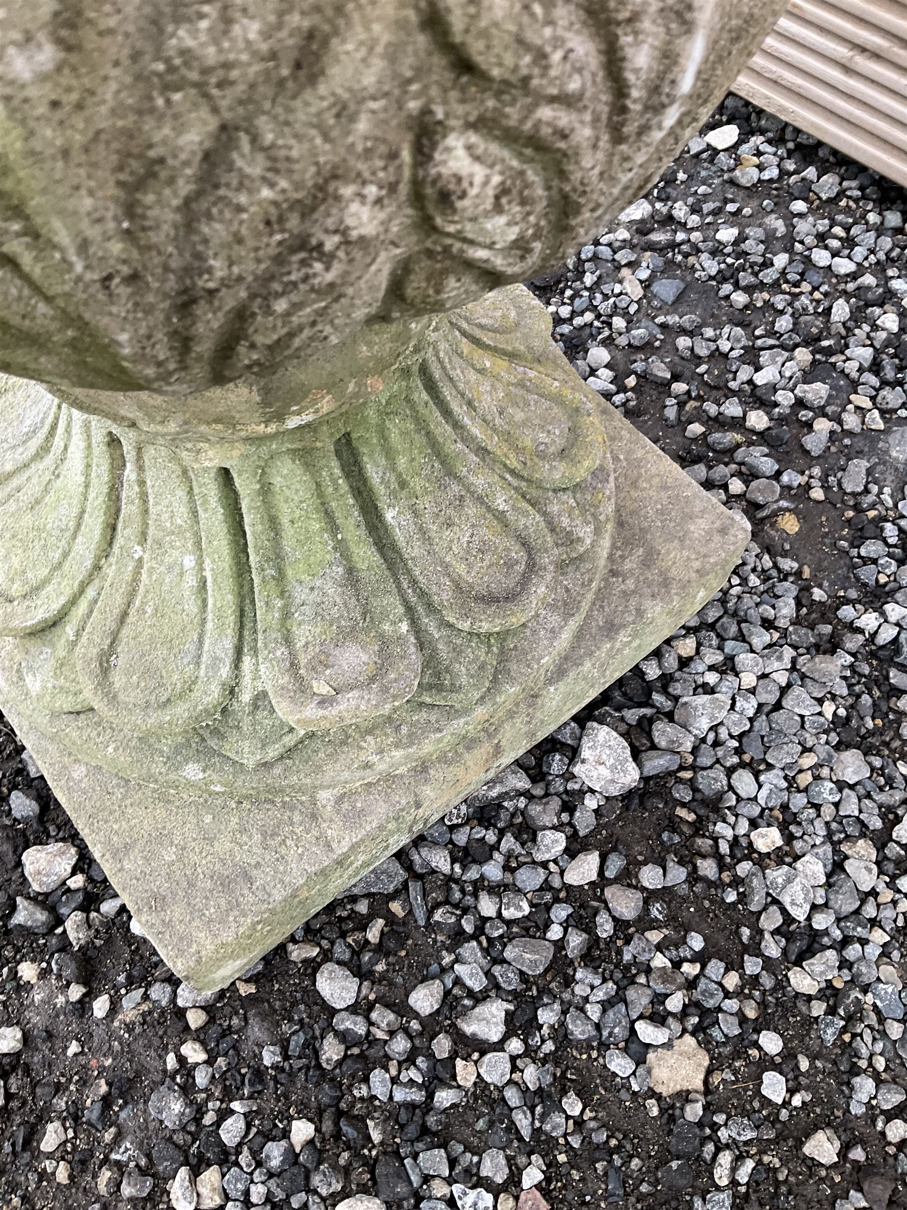 Cast stone urn, moulded rim leaf decorated body, moulded footed base on square plinth - THIS LOT IS TO BE COLLECTED BY APPOINTMENT FROM DUGGLEBY STORAGE, GREAT HILL, EASTFIELD, SCARBOROUGH, YO11 3TX