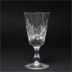 Quantity of Stuart crystal including six Cheltenham whisky tumblers, six claret glasses, six water tumblers and decanter with similar Stuart glass including sherry glasses, two brandy balloons, water jug etc