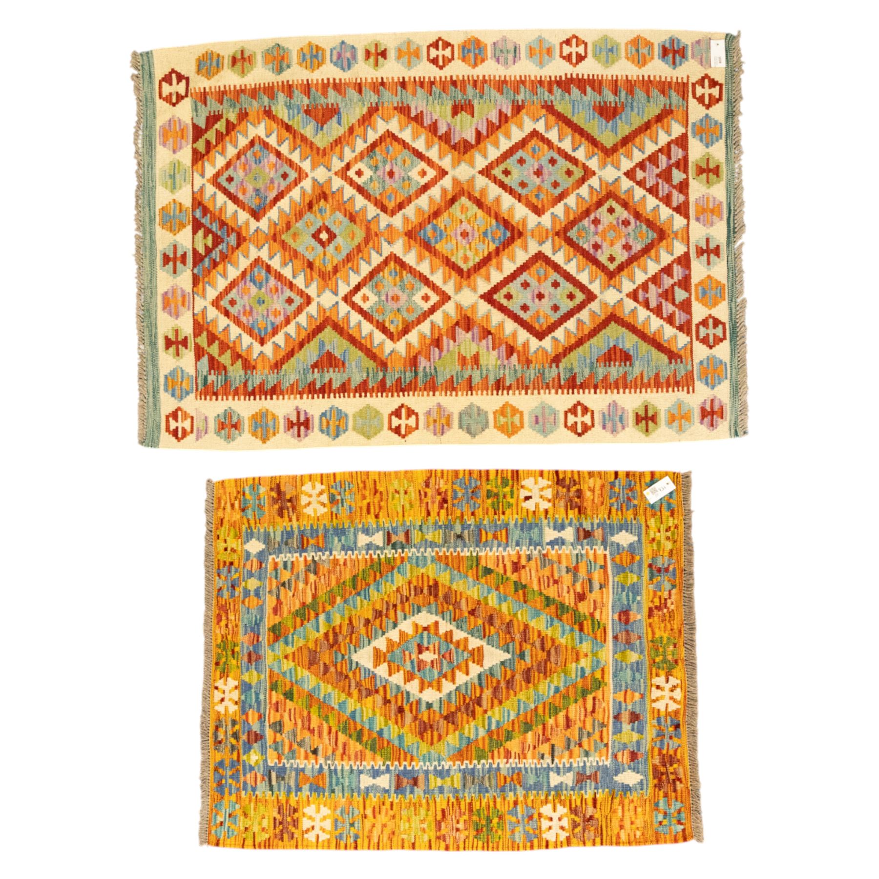 Two Chobi Kilim flatweave rugs, comprising the largest kilim on a cream ground with a grid of stepped diamond medallions in a palette of rust red, turquoise, green, ochre, and lilac,, filled lozenge motifs, framed by a cream ground border, 148x101cm, Chobi Kilim with multi-stepped diamond medallion with serrated bands, in terracotta, turquoise, green, saffron and blue, framed by a broad polychromed border of stylized guls and narrow guard stripes, 114x87cm 