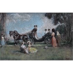 Raoul Millais (British 1901-1999): Horse and Carriage Scene with Elegant Figures, pastel signed 17cm x 26cm
Provenance: with Richard Hagen, Broadway, Worcs. label verso
