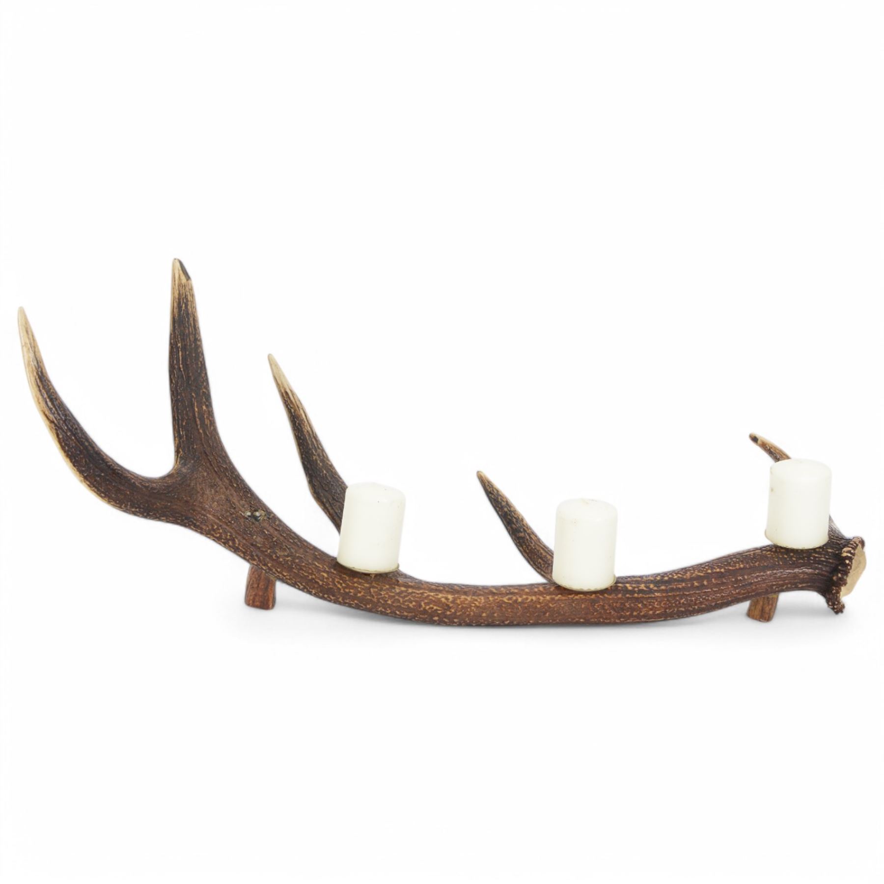 Red stag antler centre piece, made from a single antler with three candle holders to the centre, L78cm, H33cm  