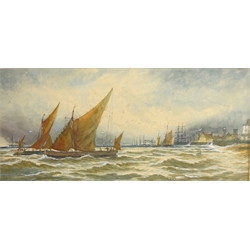  Sailing Boats Coming into Port, 19th/20th century watercolour indistinctly signed Mortimer? 24cm x 52cm and Sailing Vessel at Sea, indistinctly signed Calcott? and dated 1922, 20cm x 30cm (2)  