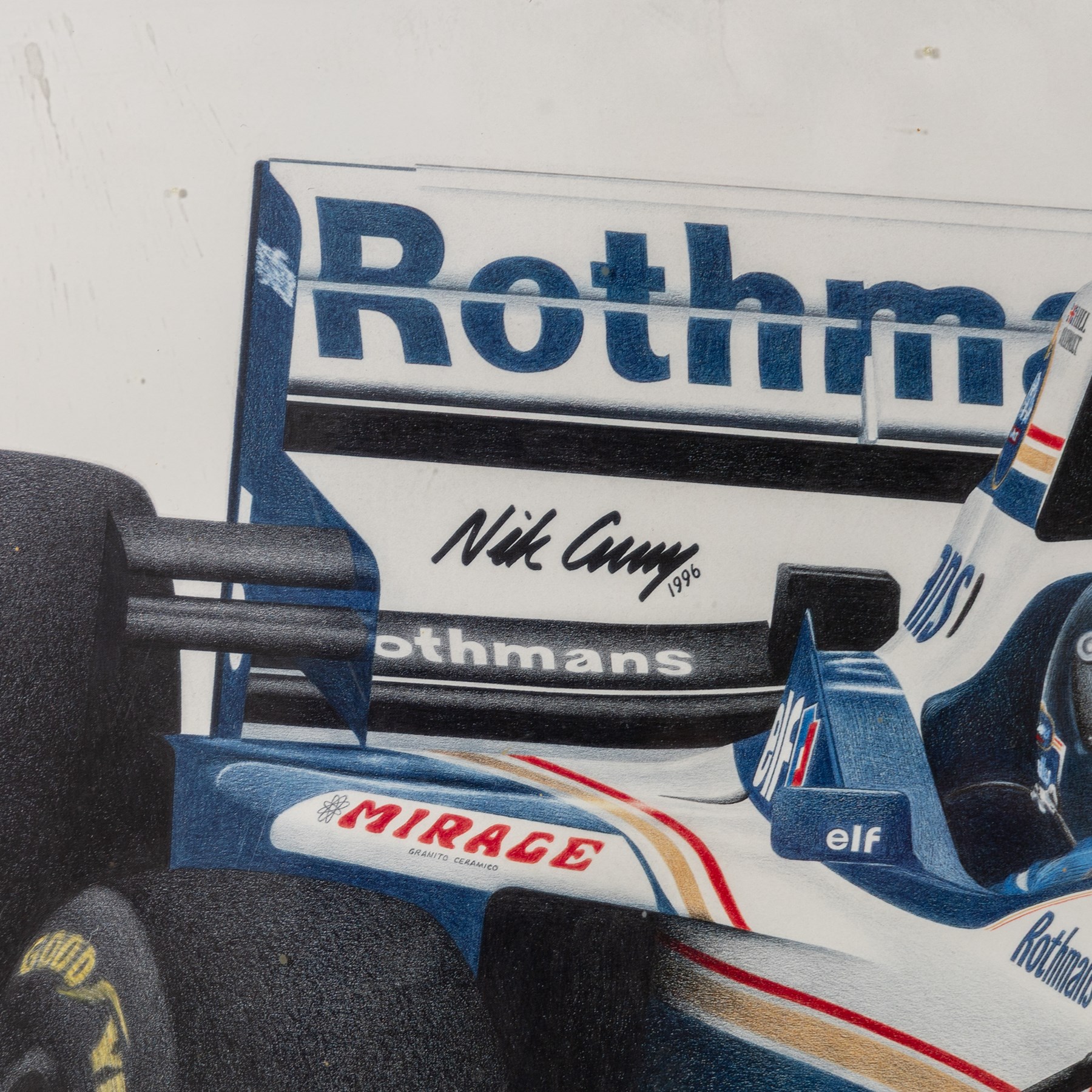 Four Formula 1 racing prints by Nik Curry, all within black frames, largest H38cm, W58cm