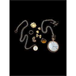 9ct gold mounted compass charm and a 9ct gold wedding band, hallmarked, together with a gold plated American Waltham Watch Co pocket watch, a silver watch chain and other gilt metal jewellery