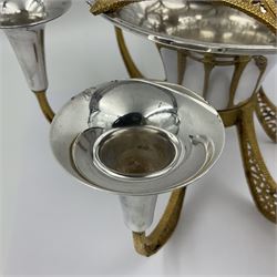 Modernist silver plated candelabra centrepiece by Stuart Devlin, with six pierced gilt branches supporting a central tapering cylindrical rose bowl and six fluted candle holders, with detachable star shaped gilt cover, stamped SD, TG to underside of central bowl, overall H17cm