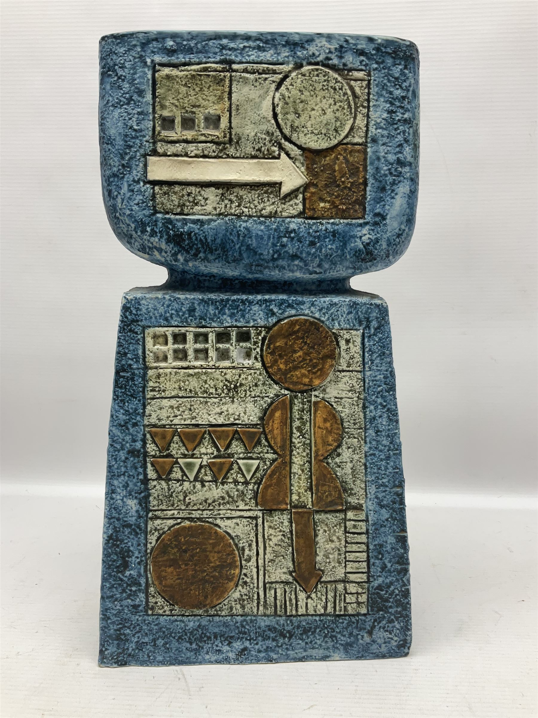 Large Troika double base vase, decorated with geometric design upon a blue ground, designed by Annette Walters, with painted marks beneath, H36cm  